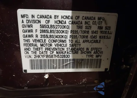 2007 Honda Pilot Ex-L from USA, damaged, VIN 2HKYF18587H532830